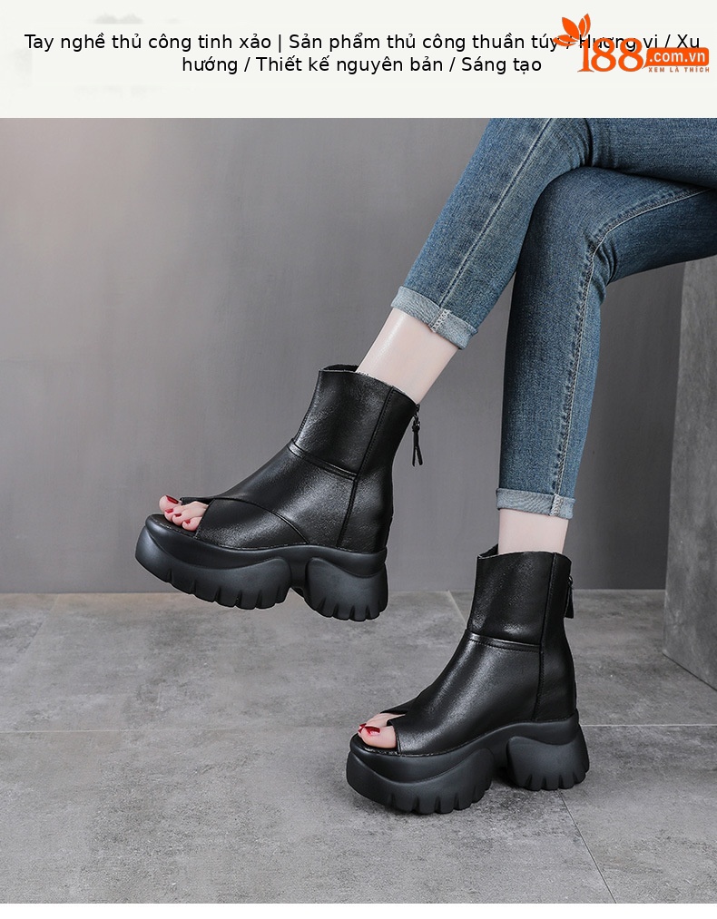 Sandal cao gót nữ mũi hở phong cách La Mã đế dày da bò — màu đen chi tiết 1