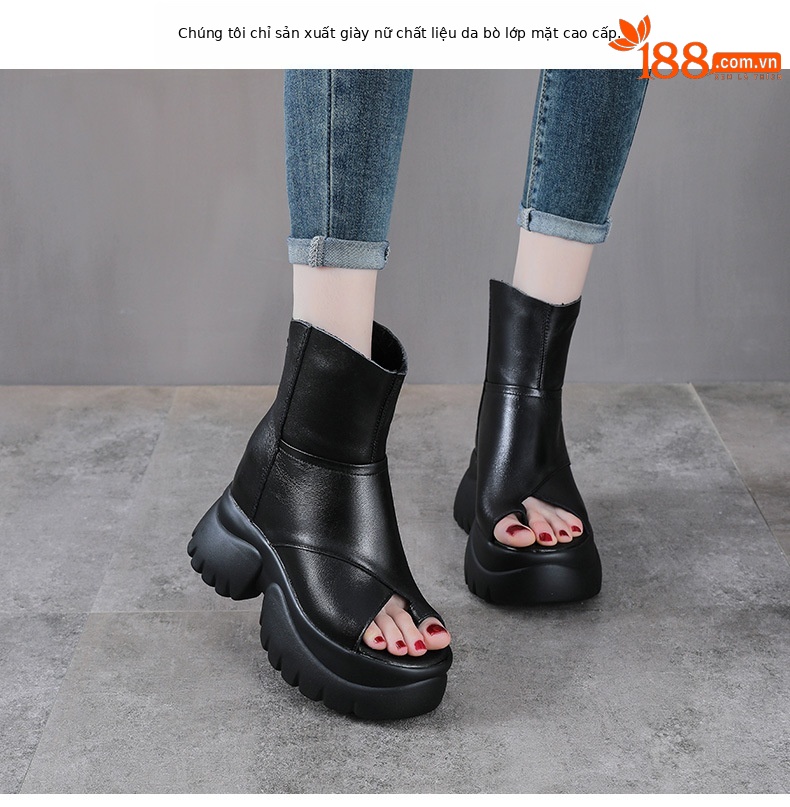 Sandal cao gót nữ mũi hở phong cách La Mã đế dày da bò — màu đen chi tiết 2