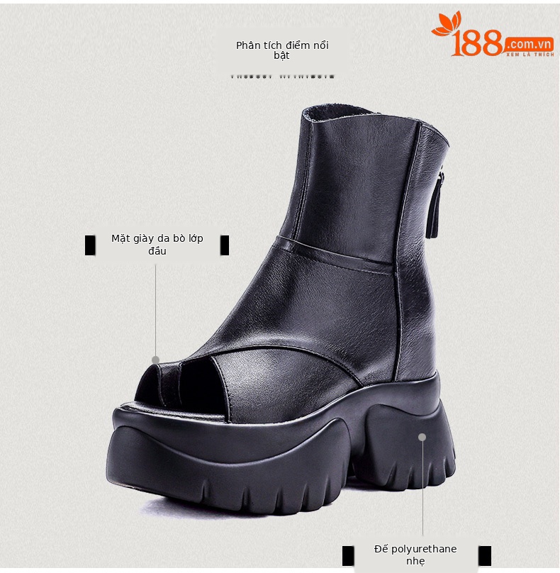 Sandal cao gót nữ mũi hở phong cách La Mã đế dày da bò — màu đen chi tiết 3