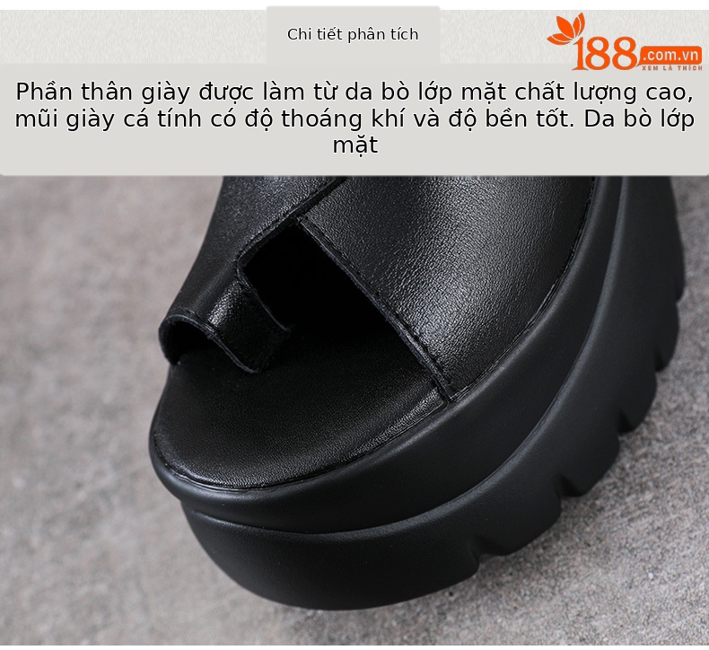 Sandal cao gót nữ mũi hở phong cách La Mã đế dày da bò — màu đen chi tiết 4
