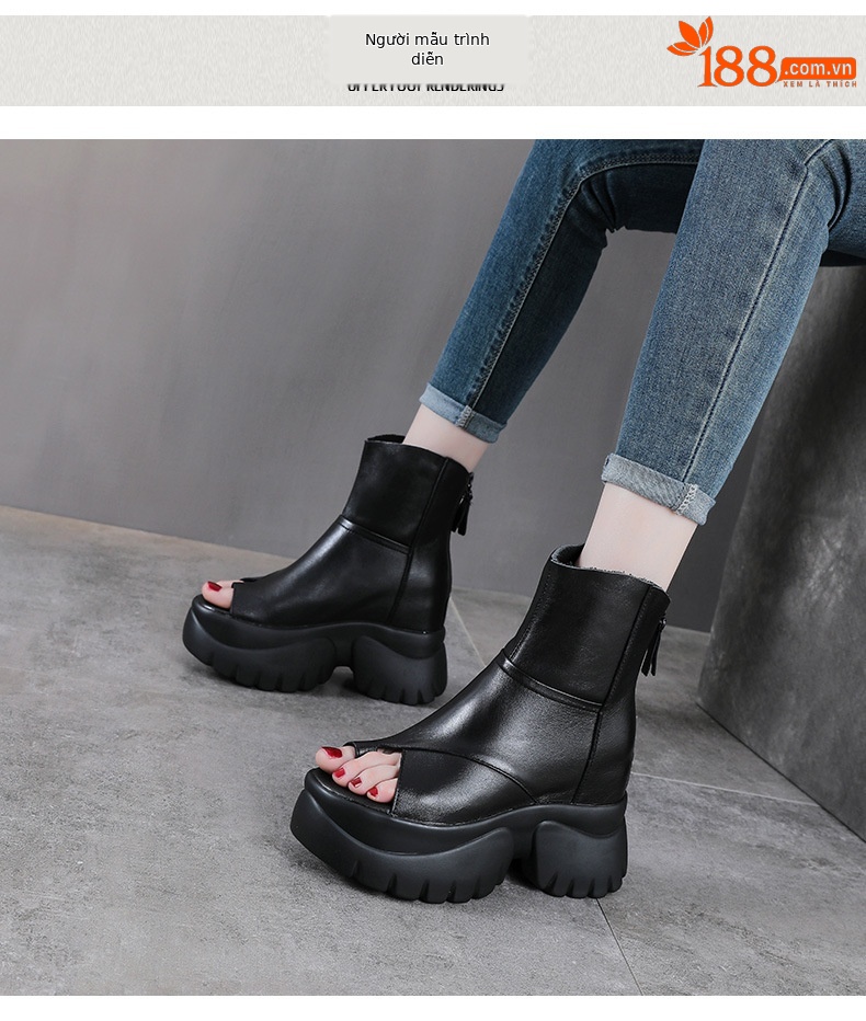 Sandal cao gót nữ mũi hở phong cách La Mã đế dày da bò — màu đen chi tiết 9