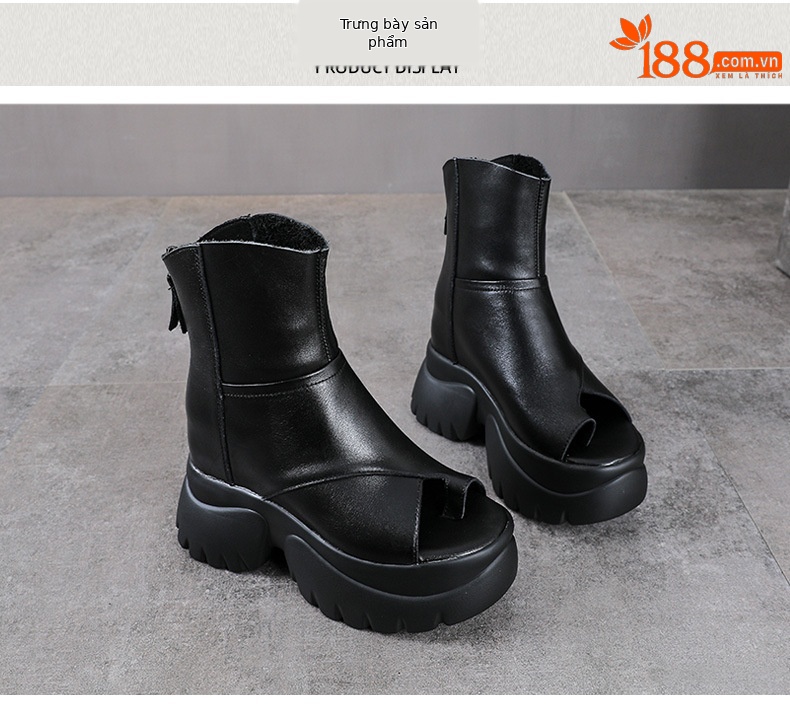Sandal cao gót nữ mũi hở phong cách La Mã đế dày da bò — màu đen chi tiết 10