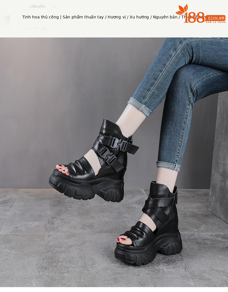 Sandal cao gót nữ da bò thật đế xuồng hở mũi phong cách La Mã — màu đen chi tiết 1