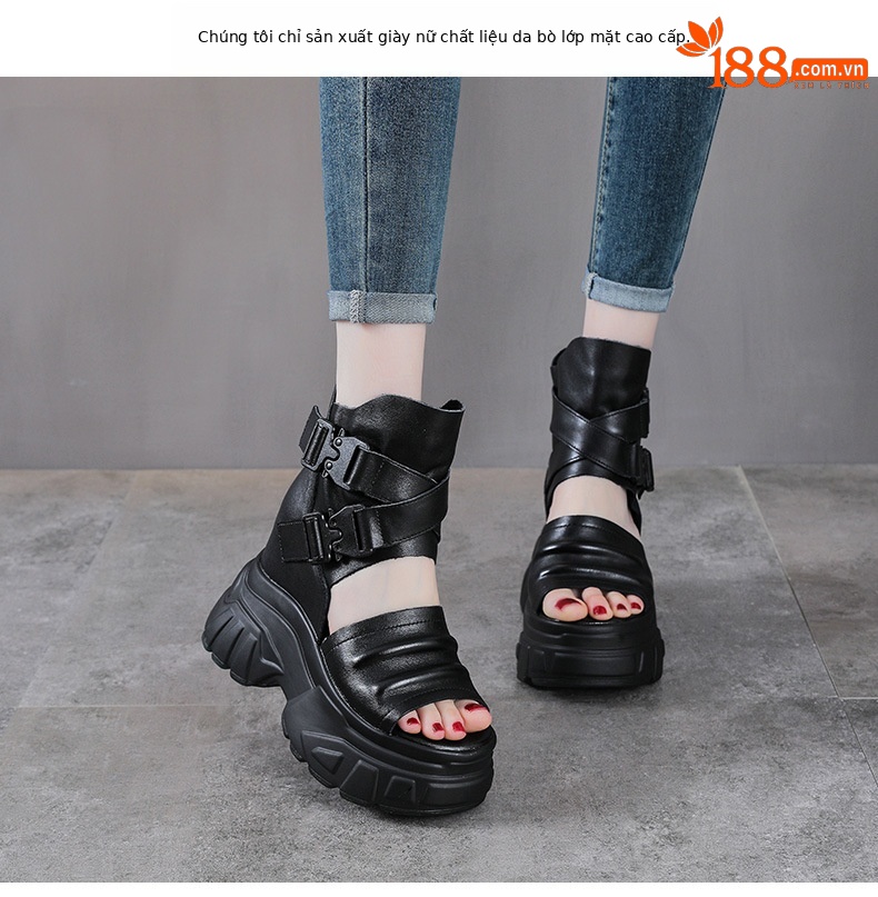 Sandal cao gót nữ da bò thật đế xuồng hở mũi phong cách La Mã — màu đen chi tiết 2