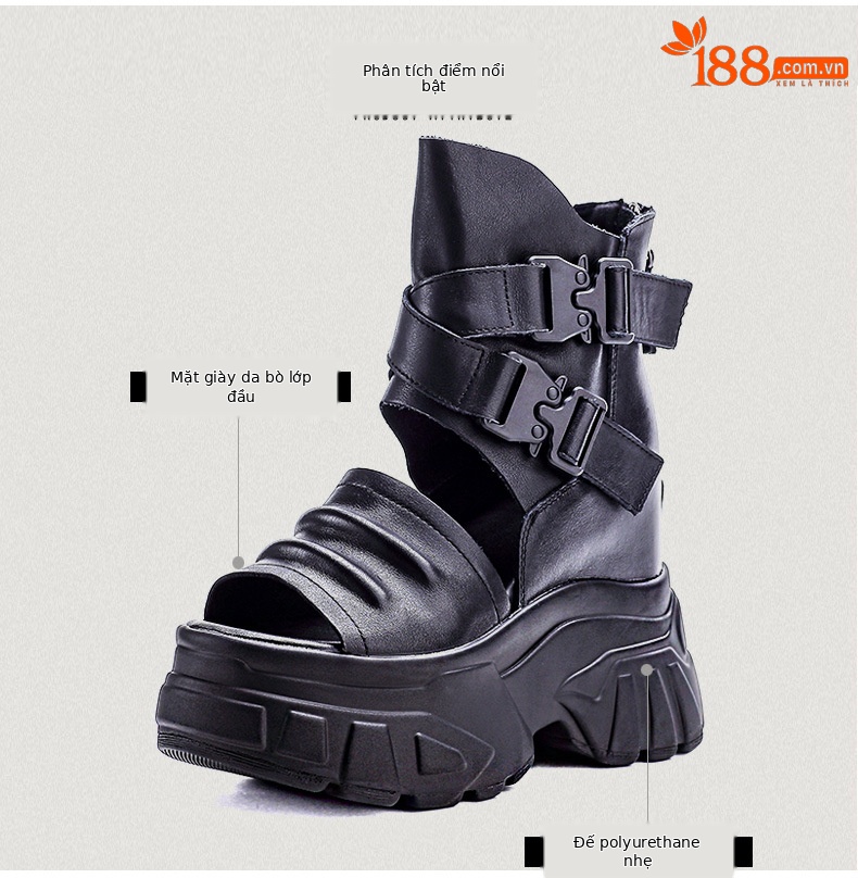 Sandal cao gót nữ da bò thật đế xuồng hở mũi phong cách La Mã — màu đen chi tiết 3