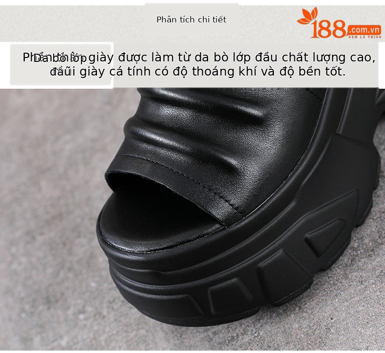 Sandal cao gót nữ da bò thật đế xuồng hở mũi phong cách La Mã — màu đen chi tiết 4