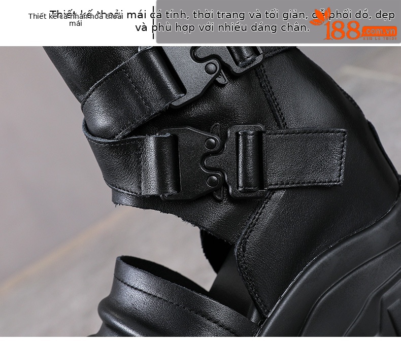 Sandal cao gót nữ da bò thật đế xuồng hở mũi phong cách La Mã — màu đen chi tiết 5