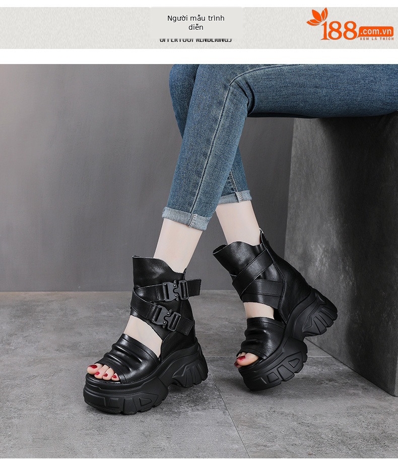Sandal cao gót nữ da bò thật đế xuồng hở mũi phong cách La Mã — màu đen chi tiết 9