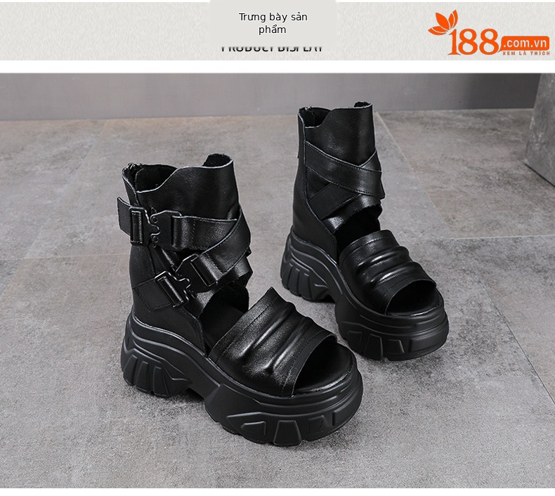 Sandal cao gót nữ da bò thật đế xuồng hở mũi phong cách La Mã — màu đen chi tiết 10