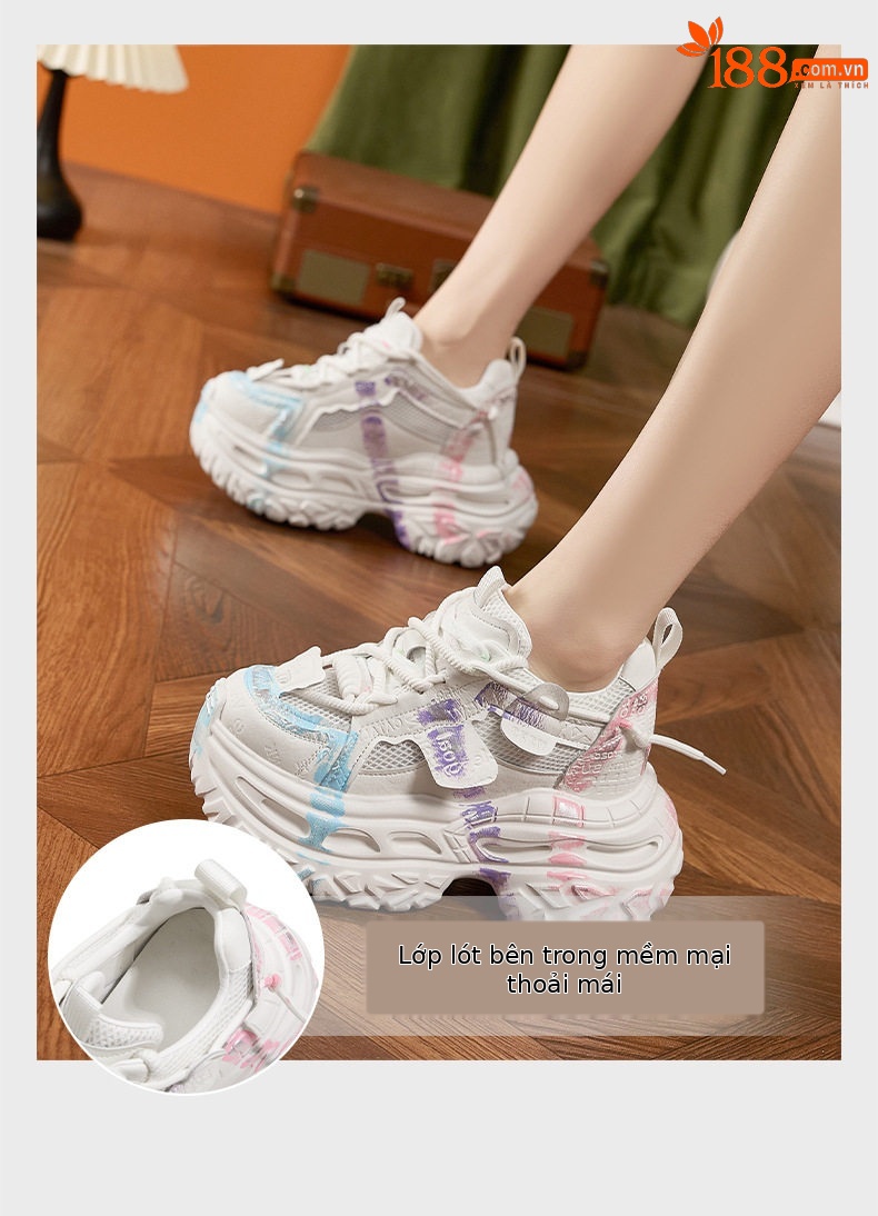 Giày thể thao nữ đế xuồng platform họa tiết graffiti, gót siêu cao 8 cm — Trắng lan, Xám xanh, Bạc chi tiết 5