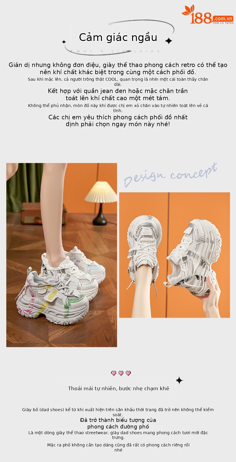 Giày thể thao nữ đế xuồng platform họa tiết graffiti, gót siêu cao 8 cm — Trắng lan, Xám xanh, Bạc chi tiết 4