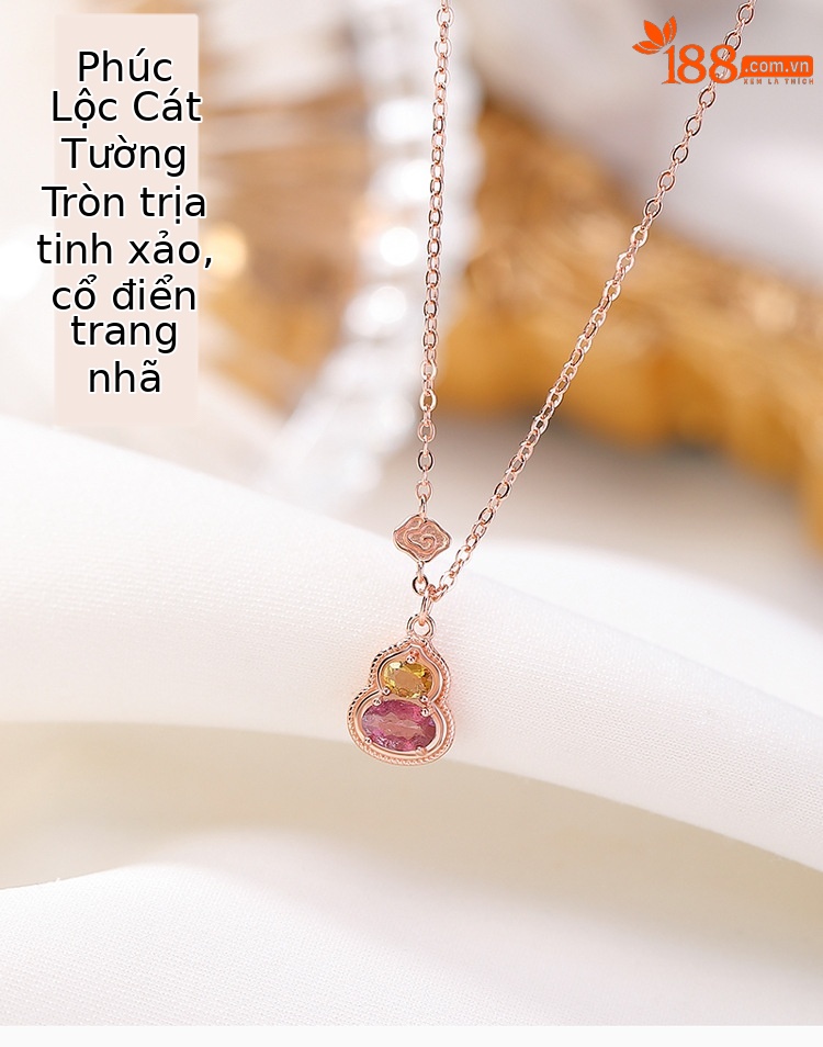 Dây chuyền bạc S925 mạ vàng hồng mặt đá tourmaline hình hồ lô phong cách tân trung hoa — Dây chuyền (màu tourmaline ngẫu nhiên) chi tiết 2