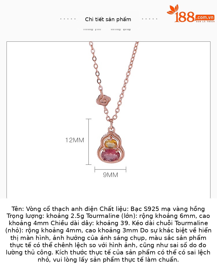 Dây chuyền bạc S925 mạ vàng hồng mặt đá tourmaline hình hồ lô phong cách tân trung hoa — Dây chuyền (màu tourmaline ngẫu nhiên) chi tiết 3