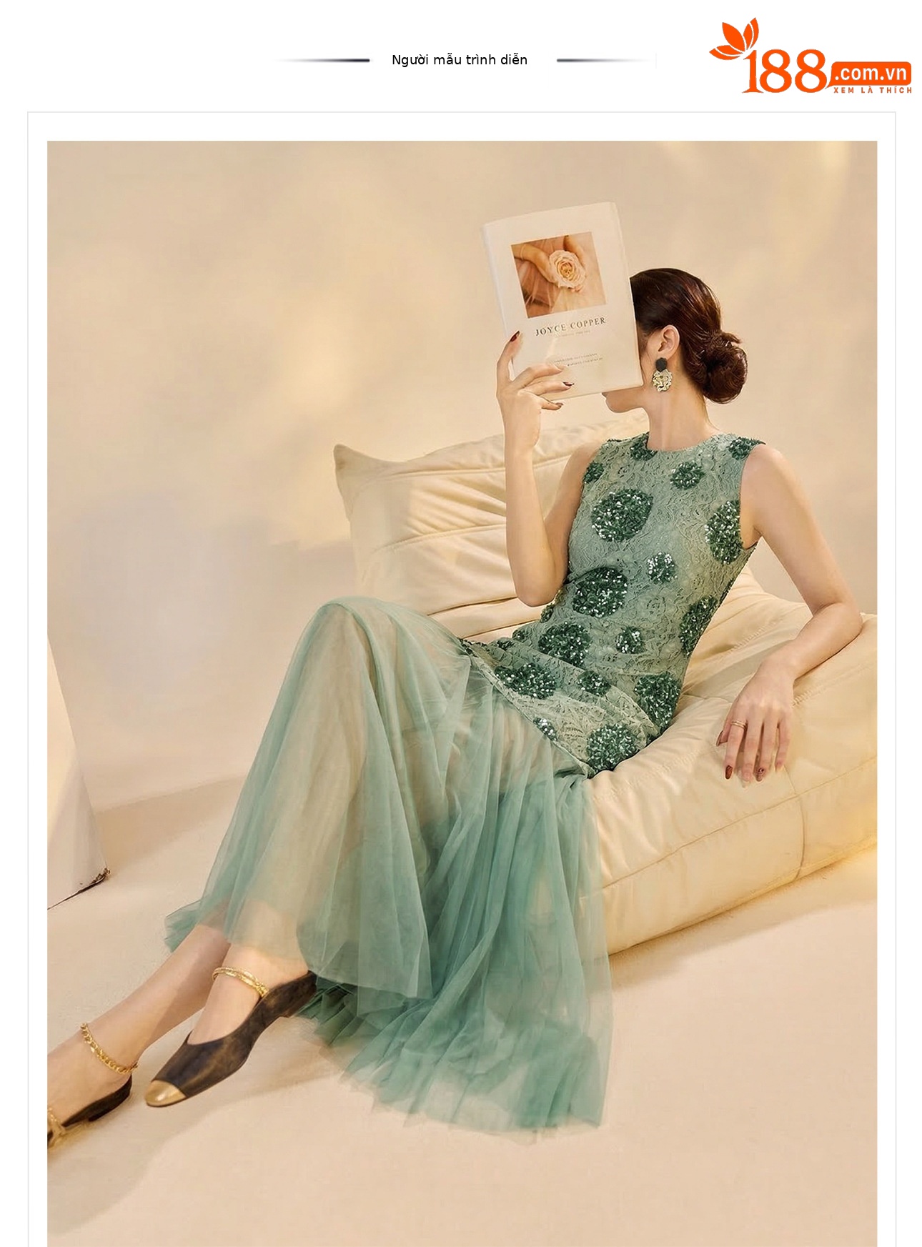 Váy maxi không tay họa tiết hoa nhỏ phối sequin lấp lánh phong cách tân Trung Hoa — Xanh lá cây nhạtcolor chi tiết 1