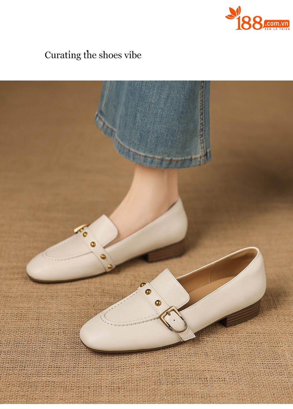 Giày da cừu loafer nữ mũi tròn gót thấp đinh tán — đen chi tiết 1