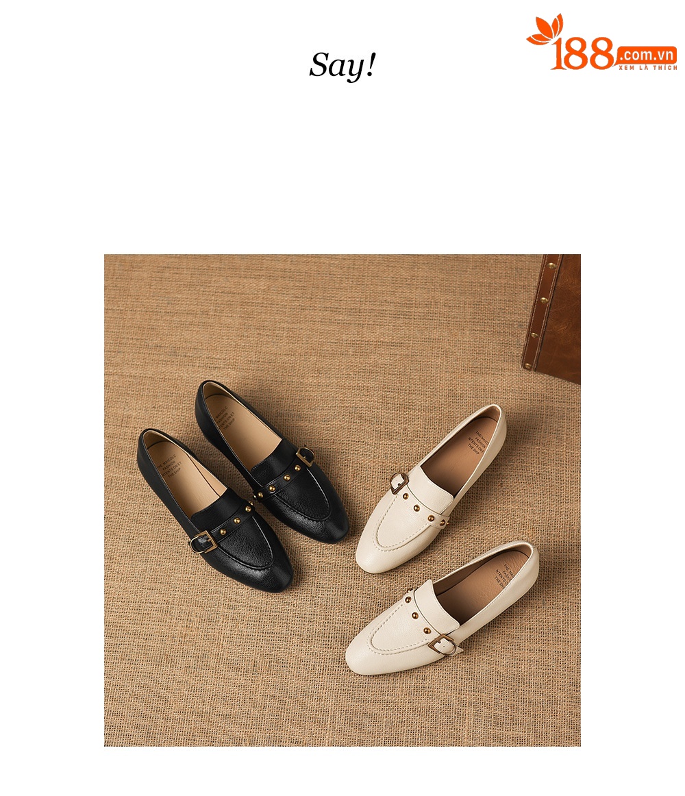 Giày da cừu loafer nữ mũi tròn gót thấp đinh tán — đen chi tiết 3