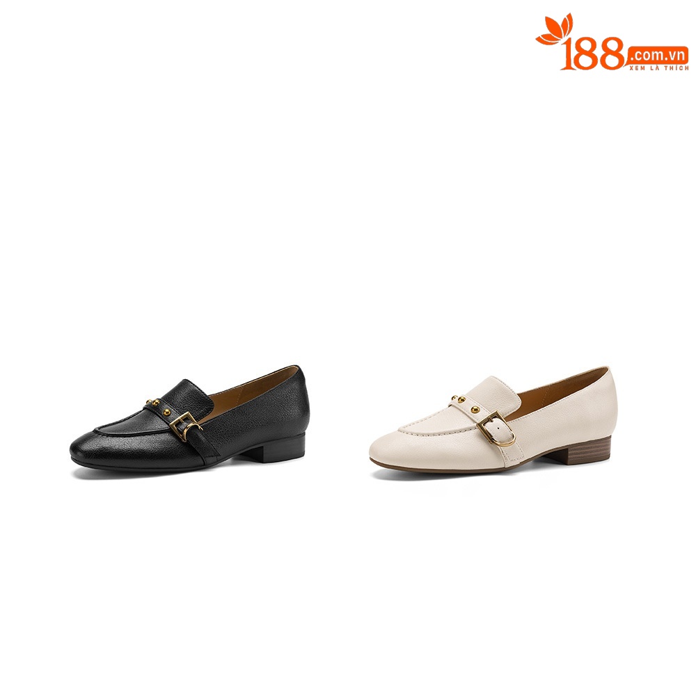 Giày da cừu loafer nữ mũi tròn gót thấp đinh tán — đen chi tiết 5