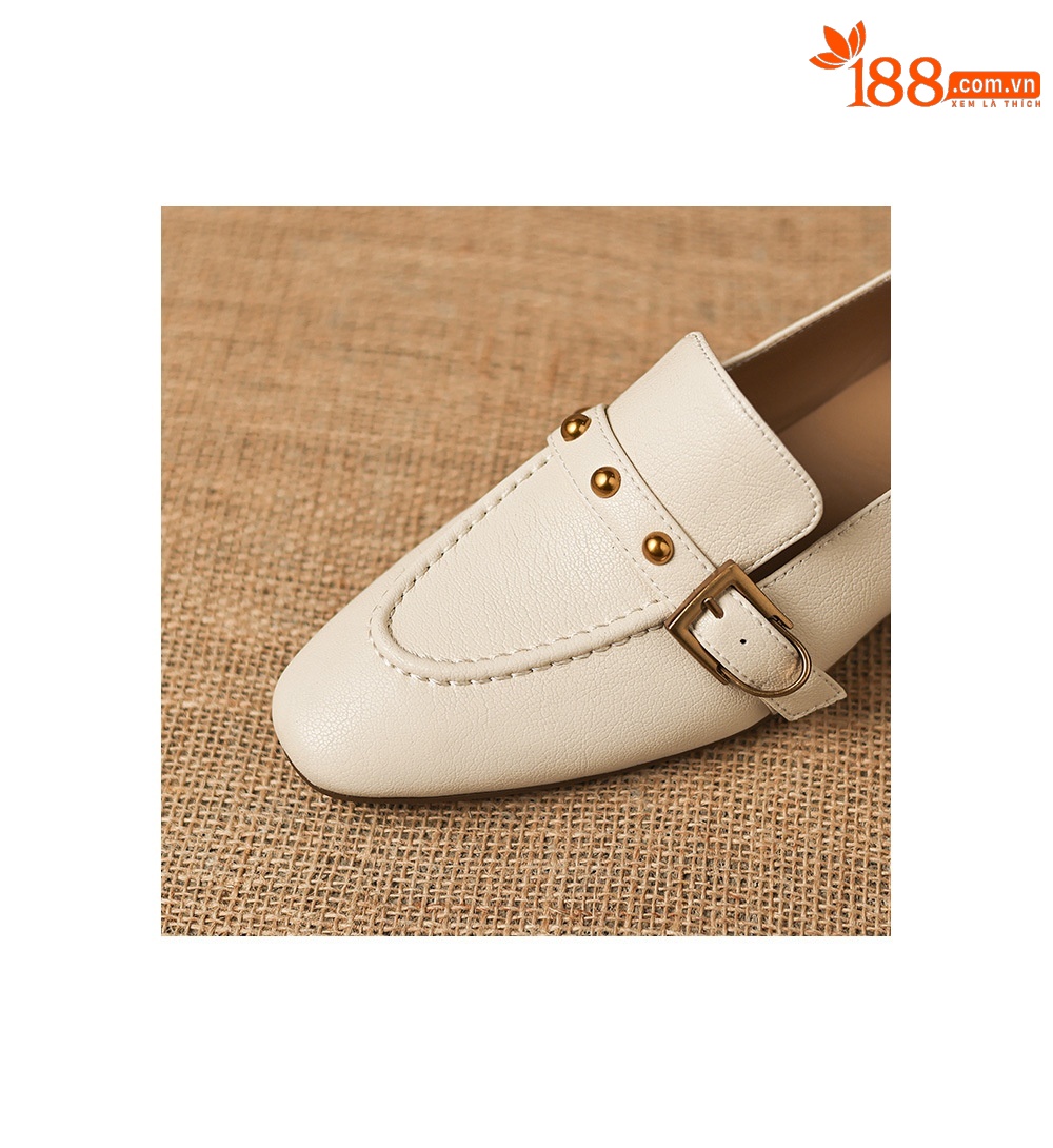 Giày da cừu loafer nữ mũi tròn gót thấp đinh tán — đen chi tiết 7