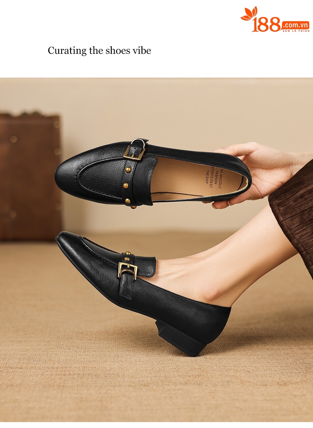 Giày da cừu loafer nữ mũi tròn gót thấp đinh tán — đen chi tiết 16