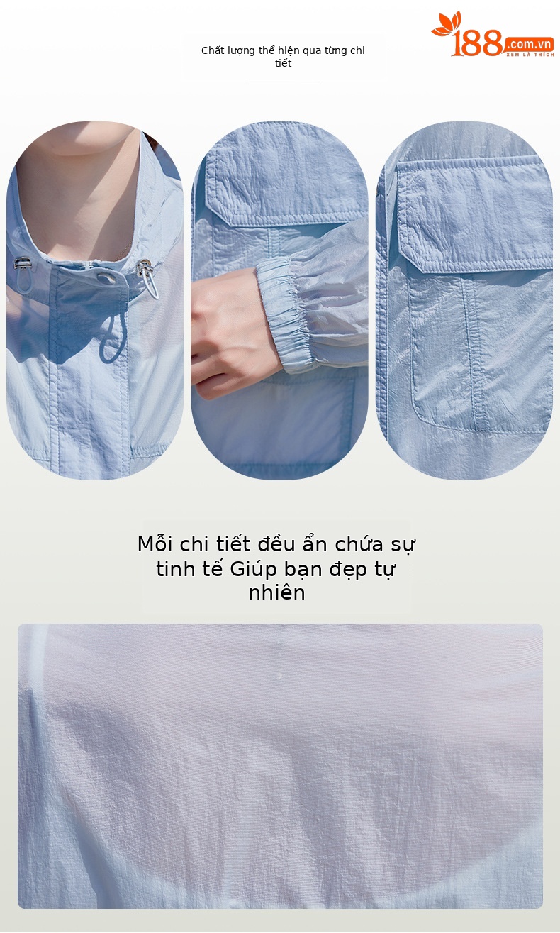 Áo chống nắng nữ cổ đứng túi hộp dáng rộng tay ngắn mỏng nhẹ — màu xanh nhạt, màu đỏ chi tiết 3
