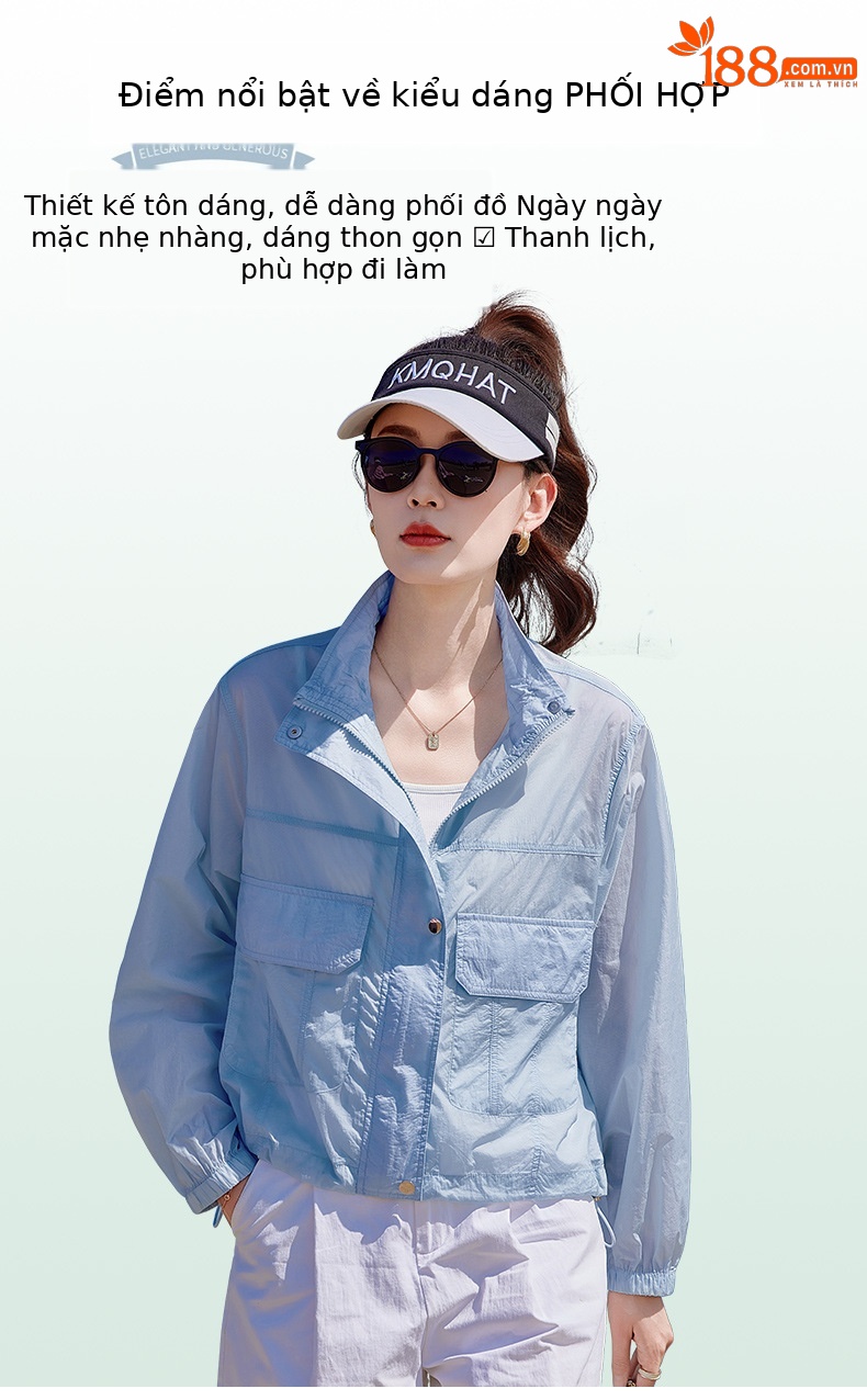 Áo chống nắng nữ cổ đứng túi hộp dáng rộng tay ngắn mỏng nhẹ — màu xanh nhạt, màu đỏ chi tiết 5