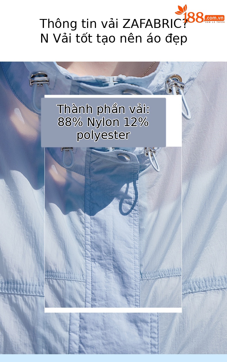 Áo chống nắng nữ cổ đứng túi hộp dáng rộng tay ngắn mỏng nhẹ — màu xanh nhạt, màu đỏ chi tiết 6