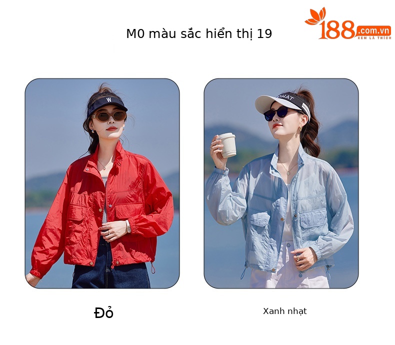 Áo chống nắng nữ cổ đứng túi hộp dáng rộng tay ngắn mỏng nhẹ — màu xanh nhạt, màu đỏ chi tiết 7