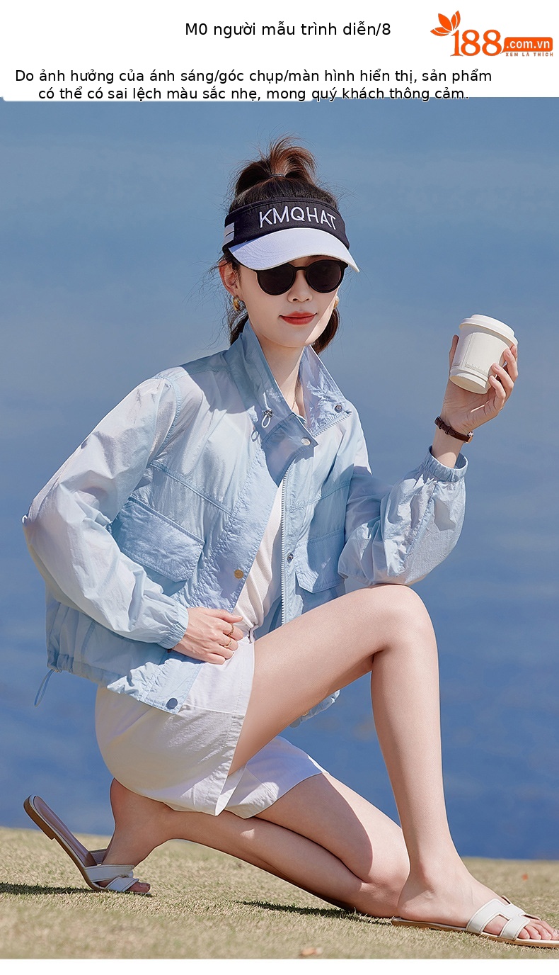 Áo chống nắng nữ cổ đứng túi hộp dáng rộng tay ngắn mỏng nhẹ — màu xanh nhạt, màu đỏ chi tiết 8