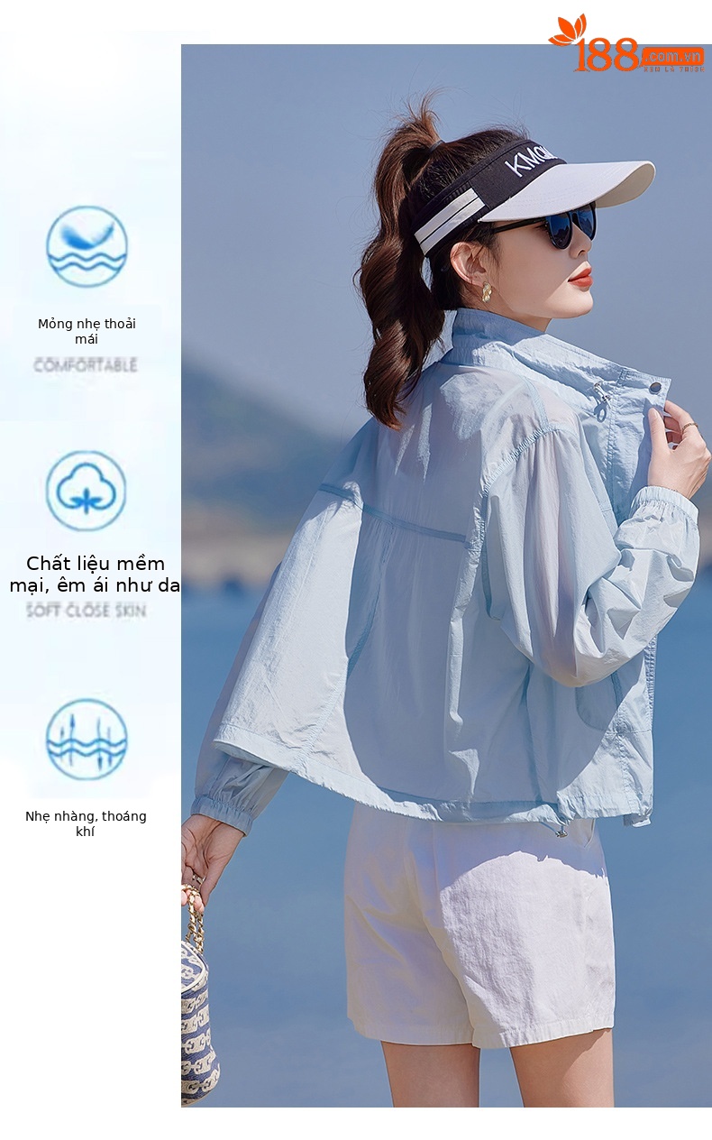 Áo chống nắng nữ cổ đứng túi hộp dáng rộng tay ngắn mỏng nhẹ — màu xanh nhạt, màu đỏ chi tiết 10