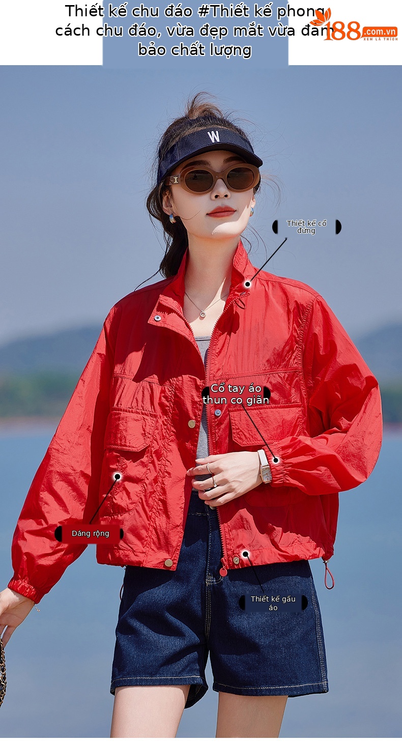 Áo chống nắng nữ cổ đứng túi hộp dáng rộng tay ngắn mỏng nhẹ — màu xanh nhạt, màu đỏ chi tiết 2