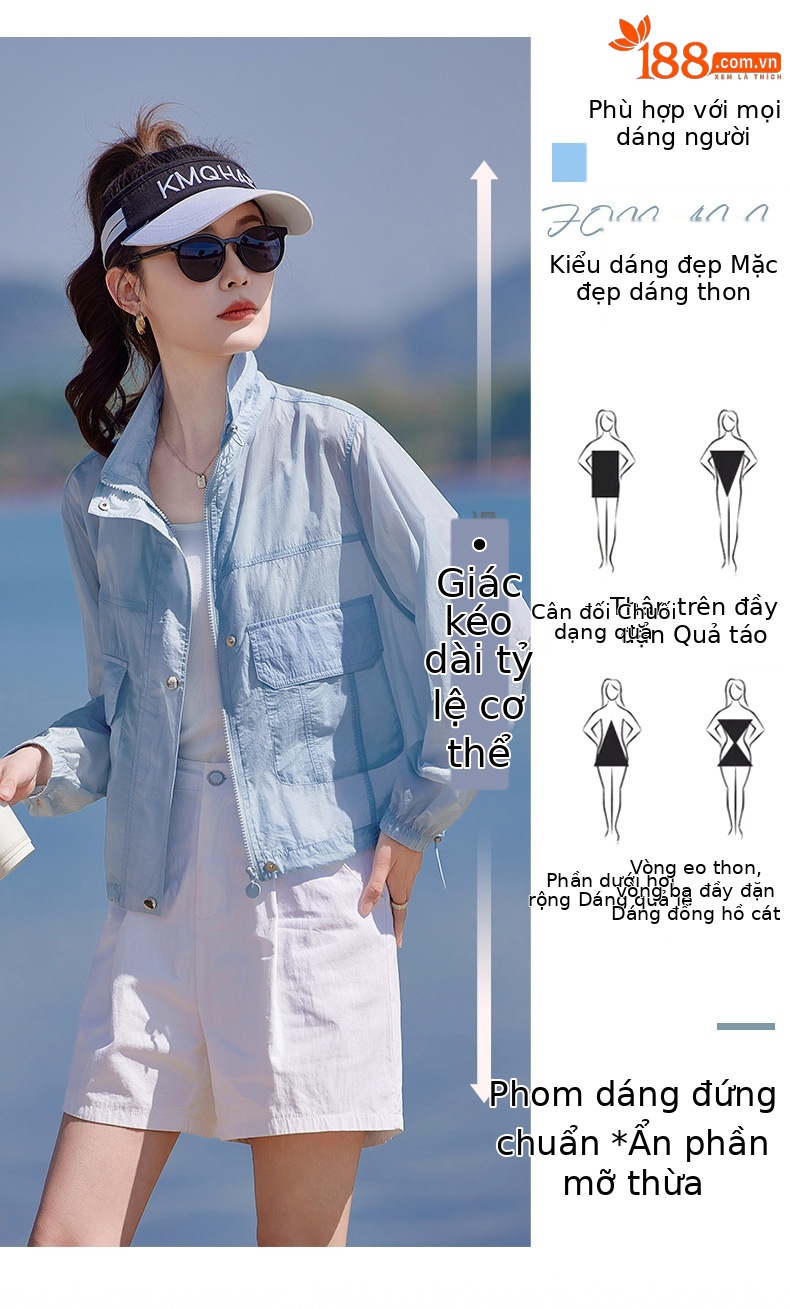Áo chống nắng nữ cổ đứng túi hộp dáng rộng tay ngắn mỏng nhẹ — màu xanh nhạt, màu đỏ chi tiết 4