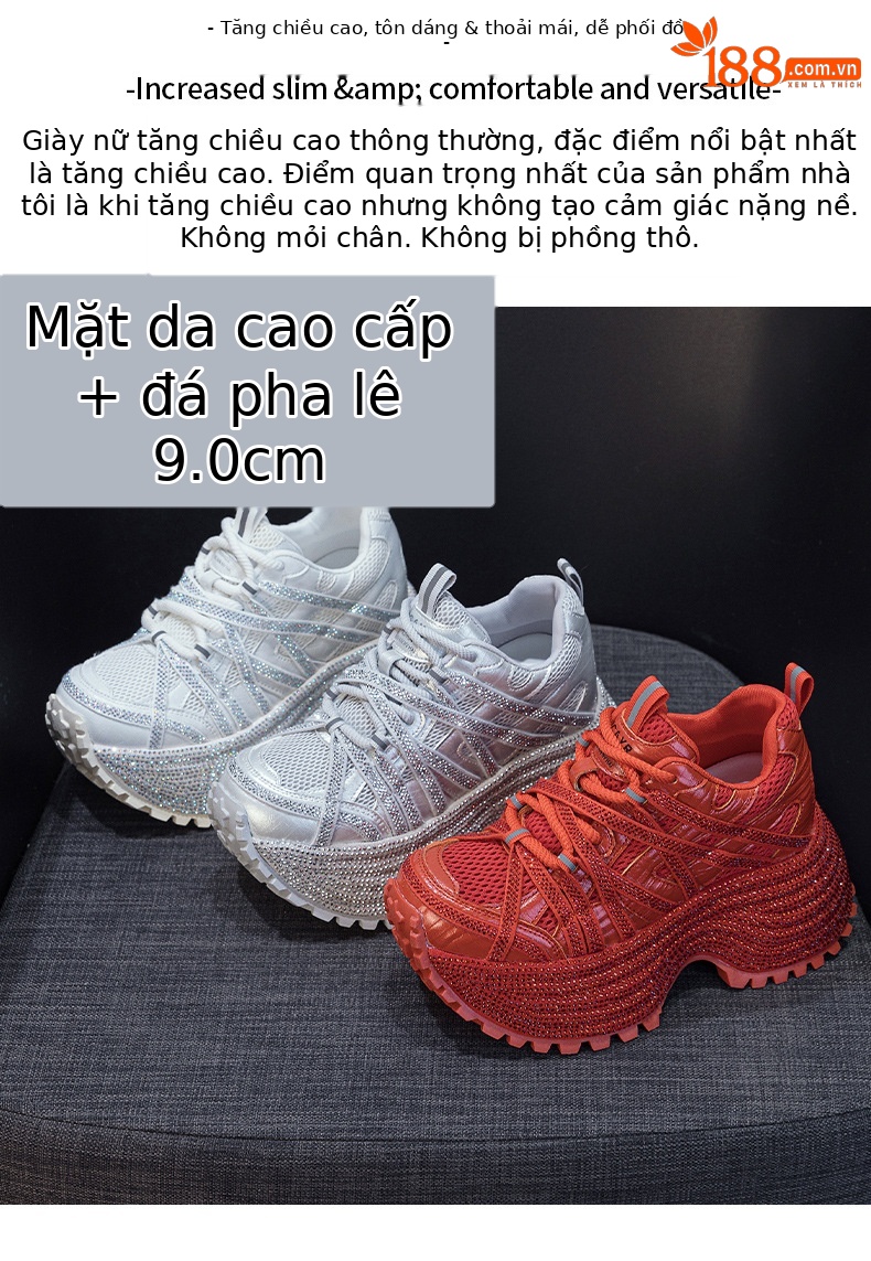 Giày sneaker nữ đế dày phong cách dad shoes, gót 5 cm, đính đá lấp lánh — Đỏ 5052, Xám 5052, Be 5052 chi tiết 2