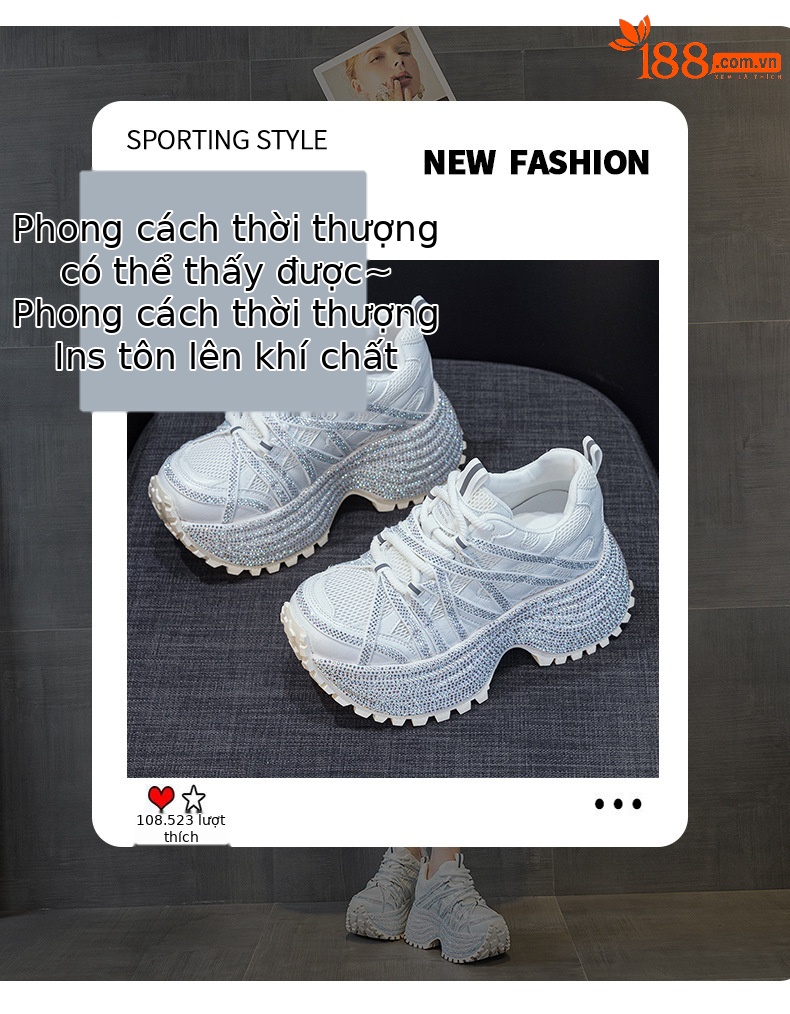 Giày sneaker nữ đế dày phong cách dad shoes, gót 5 cm, đính đá lấp lánh — Đỏ 5052, Xám 5052, Be 5052 chi tiết 3