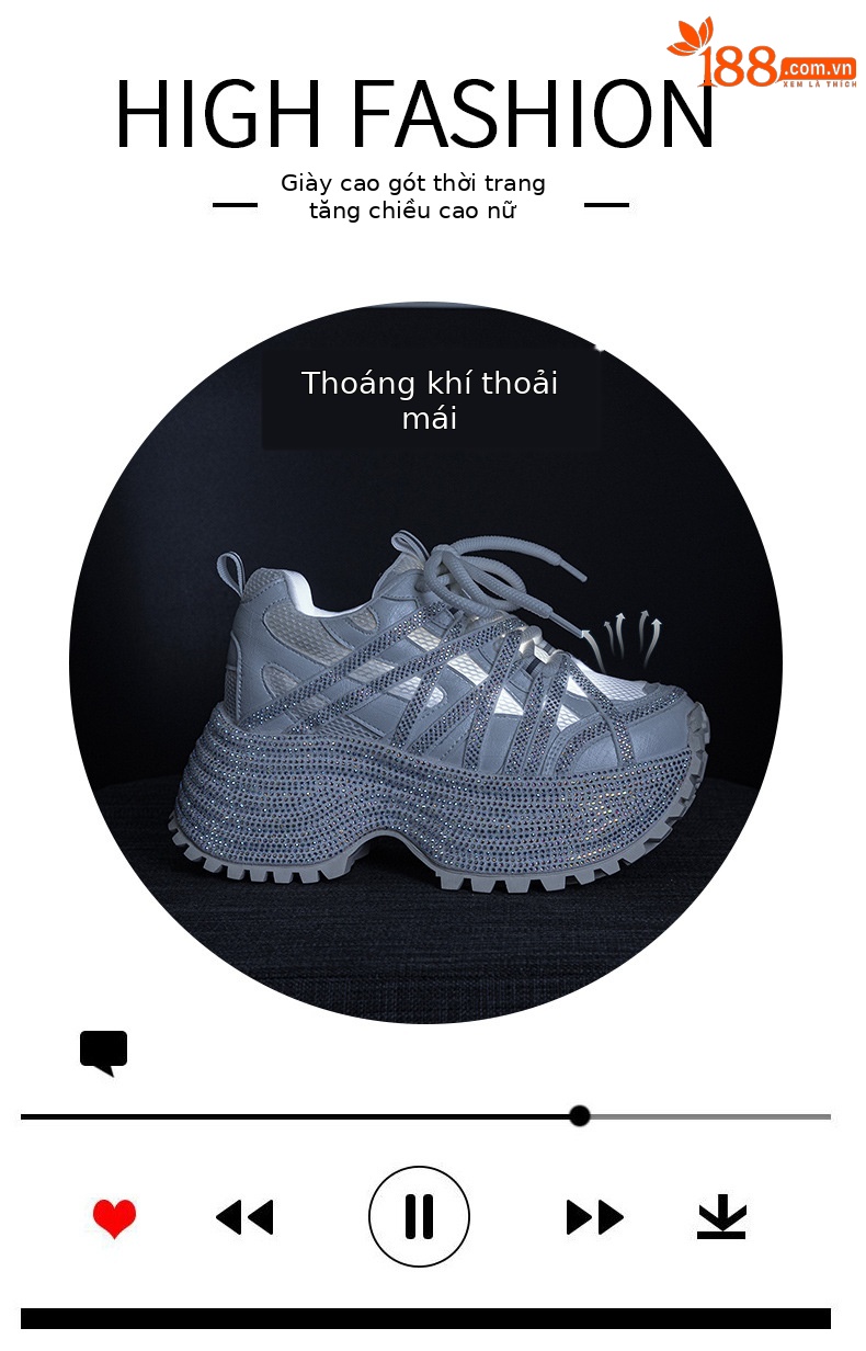 Giày sneaker nữ đế dày phong cách dad shoes, gót 5 cm, đính đá lấp lánh — Đỏ 5052, Xám 5052, Be 5052 chi tiết 5