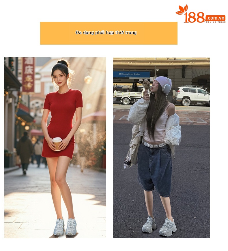 Giày sneaker nữ đế dày phong cách dad shoes, gót 5 cm, đính đá lấp lánh — Đỏ 5052, Xám 5052, Be 5052 chi tiết 6