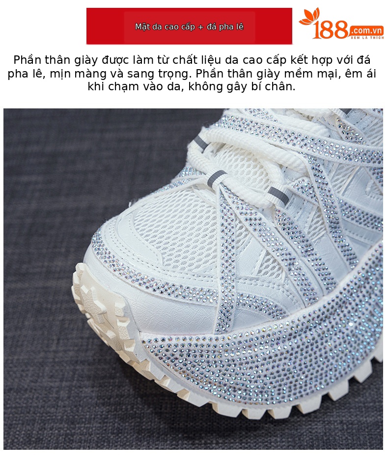 Giày sneaker nữ đế dày phong cách dad shoes, gót 5 cm, đính đá lấp lánh — Đỏ 5052, Xám 5052, Be 5052 chi tiết 7