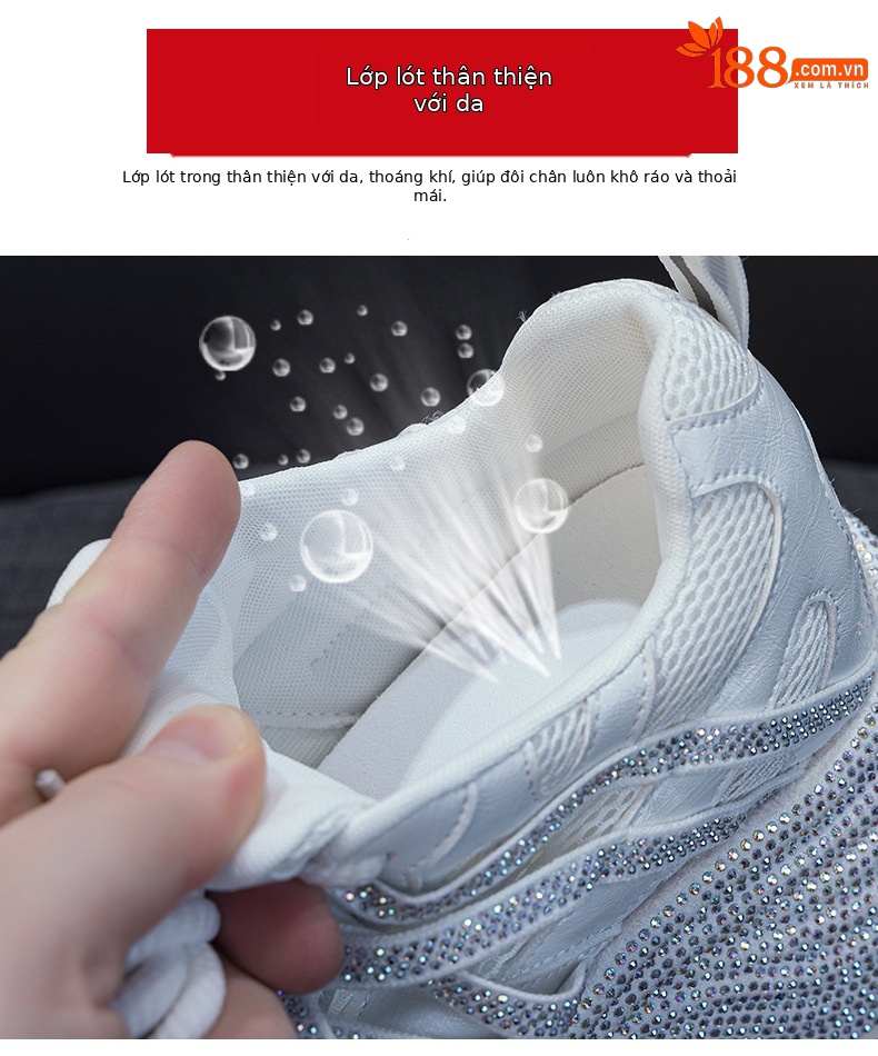 Giày sneaker nữ đế dày phong cách dad shoes, gót 5 cm, đính đá lấp lánh — Đỏ 5052, Xám 5052, Be 5052 chi tiết 8