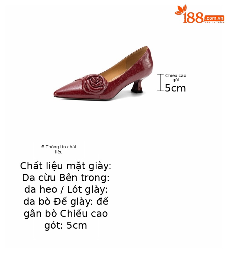 Giày cao gót nữ mũi nhọn phong cách Hàn Quốc, gót 5 cm, họa tiết hoa sơn trà — màu trắng ngà chi tiết 3