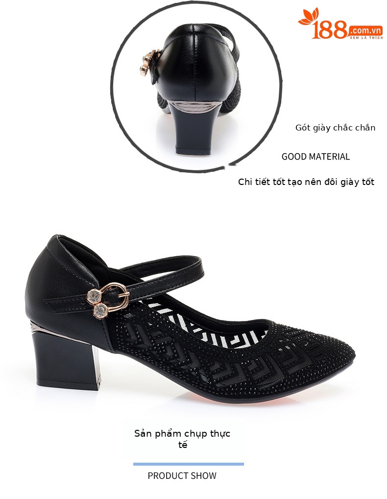 Sandal nữ da thật mũi kín lưới hở gót vuông ổn định — màu đen chi tiết 4