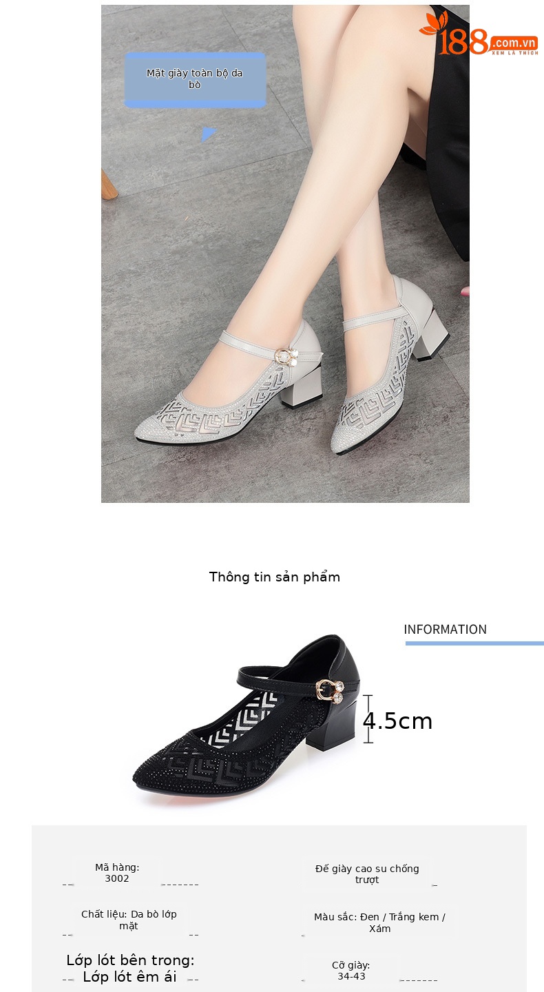 Sandal nữ da thật mũi kín lưới hở gót vuông ổn định — màu đen chi tiết 1