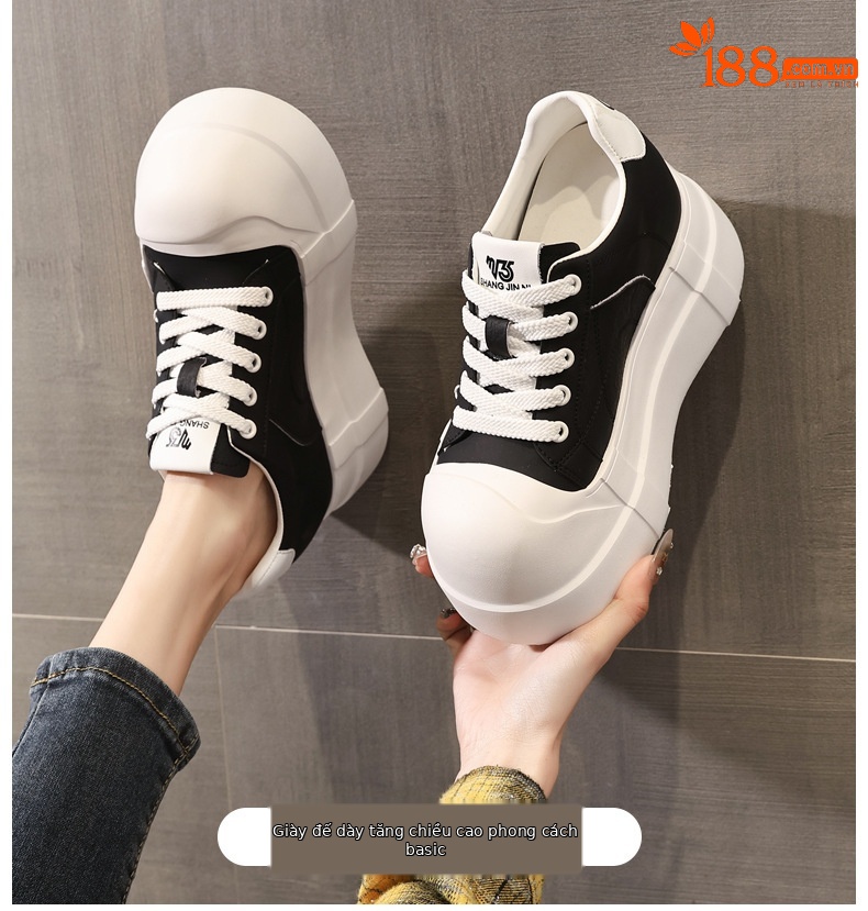 Giày sneaker nữ đế dày tăng chiều cao phong cách trắng basic — màu đen chi tiết 1