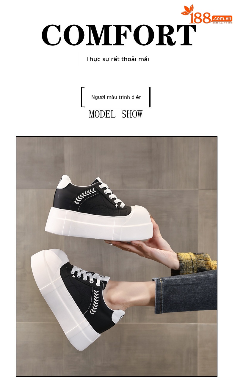 Giày sneaker nữ đế dày tăng chiều cao phong cách trắng basic — màu đen chi tiết 11