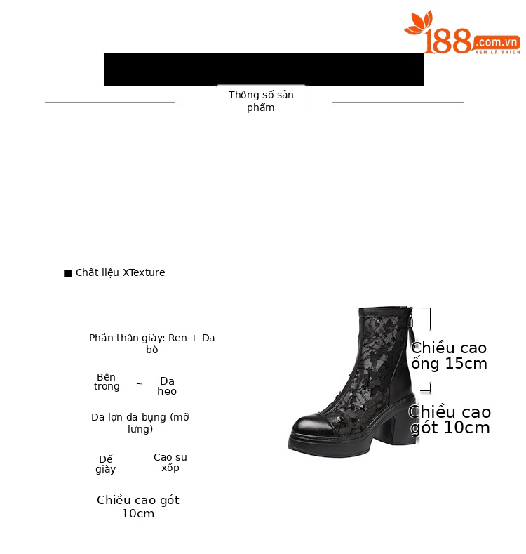 Boot nữ cổ thấp mũi nhọn gót 10 cm đế xuồng ren hở mùa hè — màu đen, màu trắng ngà chi tiết 3