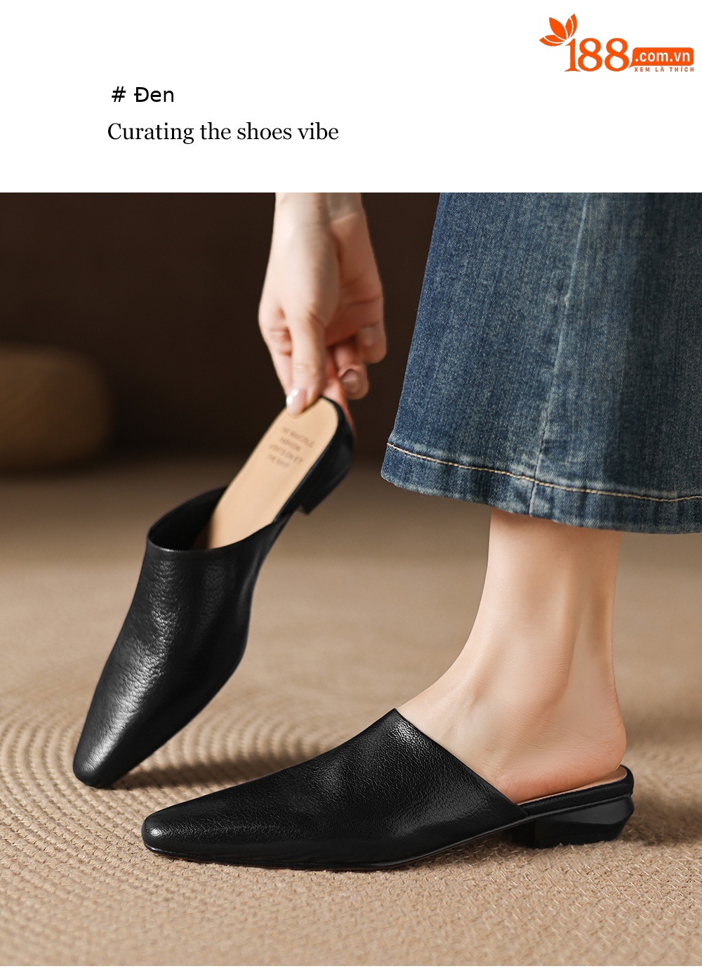 Giày mule nữ da cừu mũi vuông đế bệt — đen chi tiết 7