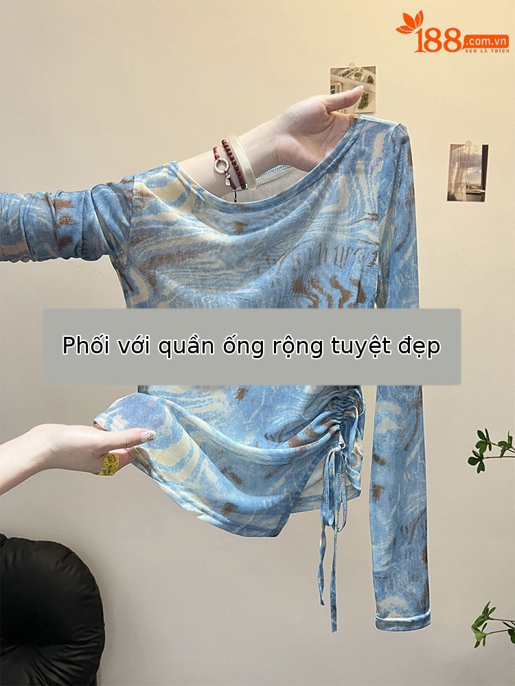 Áo thun nữ tay dài phong cách vintage họa tiết tie nhuộm lưới chống nắng dây rút — Màu xanh ngắn tay áo