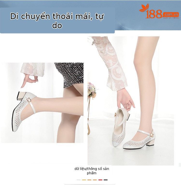 Sandal nữ quai ngang da thật lỗ thoáng mũi kín gót 4.5 cm — Vàng【Gót trung 4.5cm】 chi tiết 2