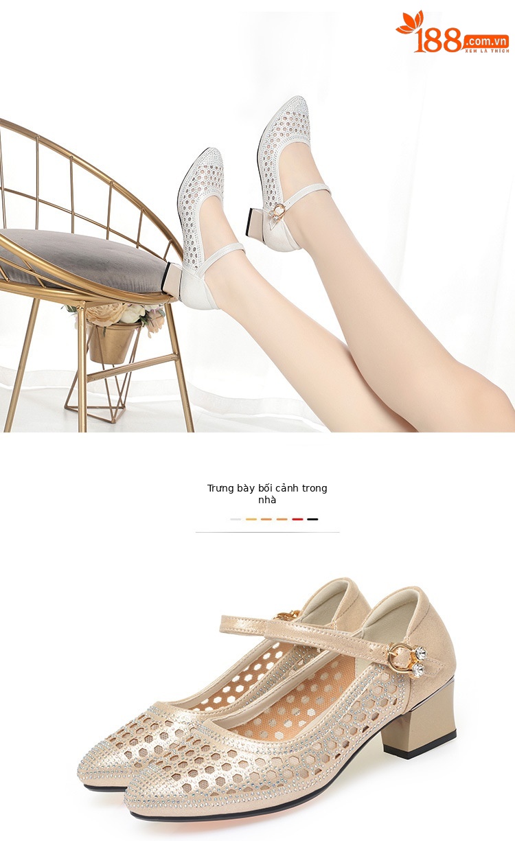 Sandal nữ quai ngang da thật lỗ thoáng mũi kín gót 4.5 cm — Vàng【Gót trung 4.5cm】 chi tiết 9