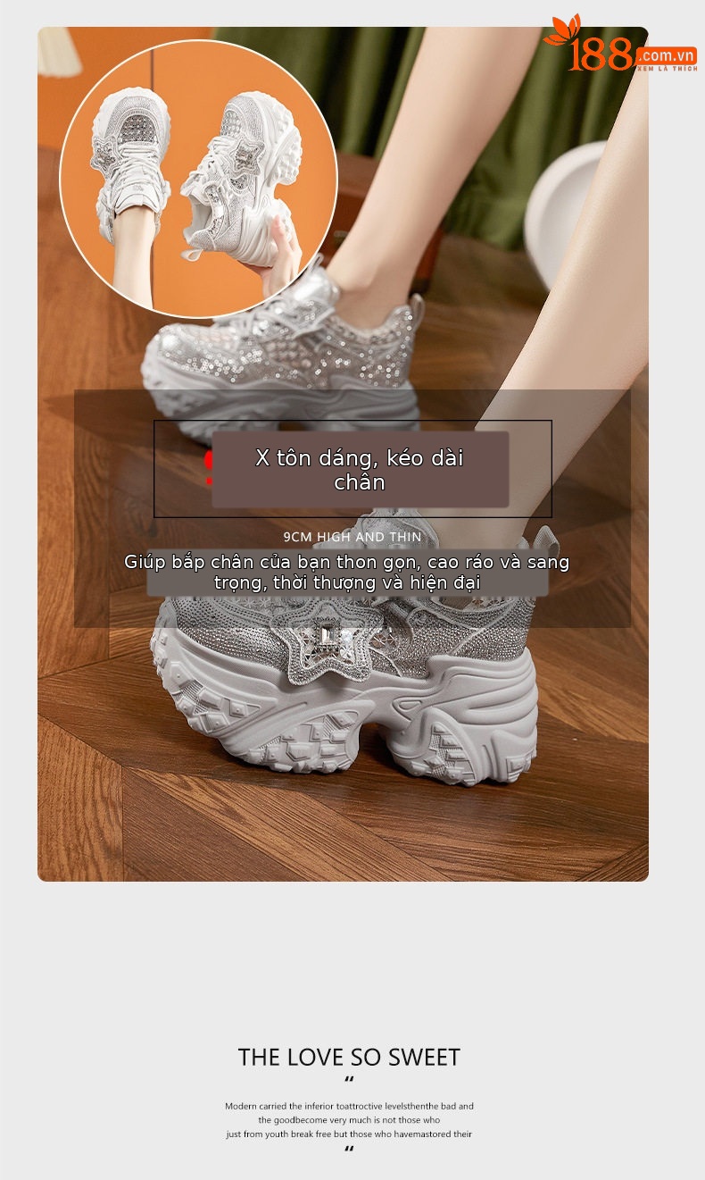 Giày sneaker nữ đế dày tăng chiều cao lưới thoáng khí dây buộc — Trắng, Bạc chi tiết 9