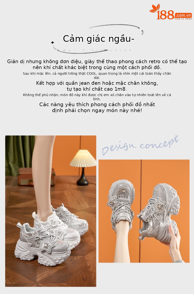 Giày sneaker nữ đế dày tăng chiều cao lưới thoáng khí dây buộc — Trắng, Bạc chi tiết 4