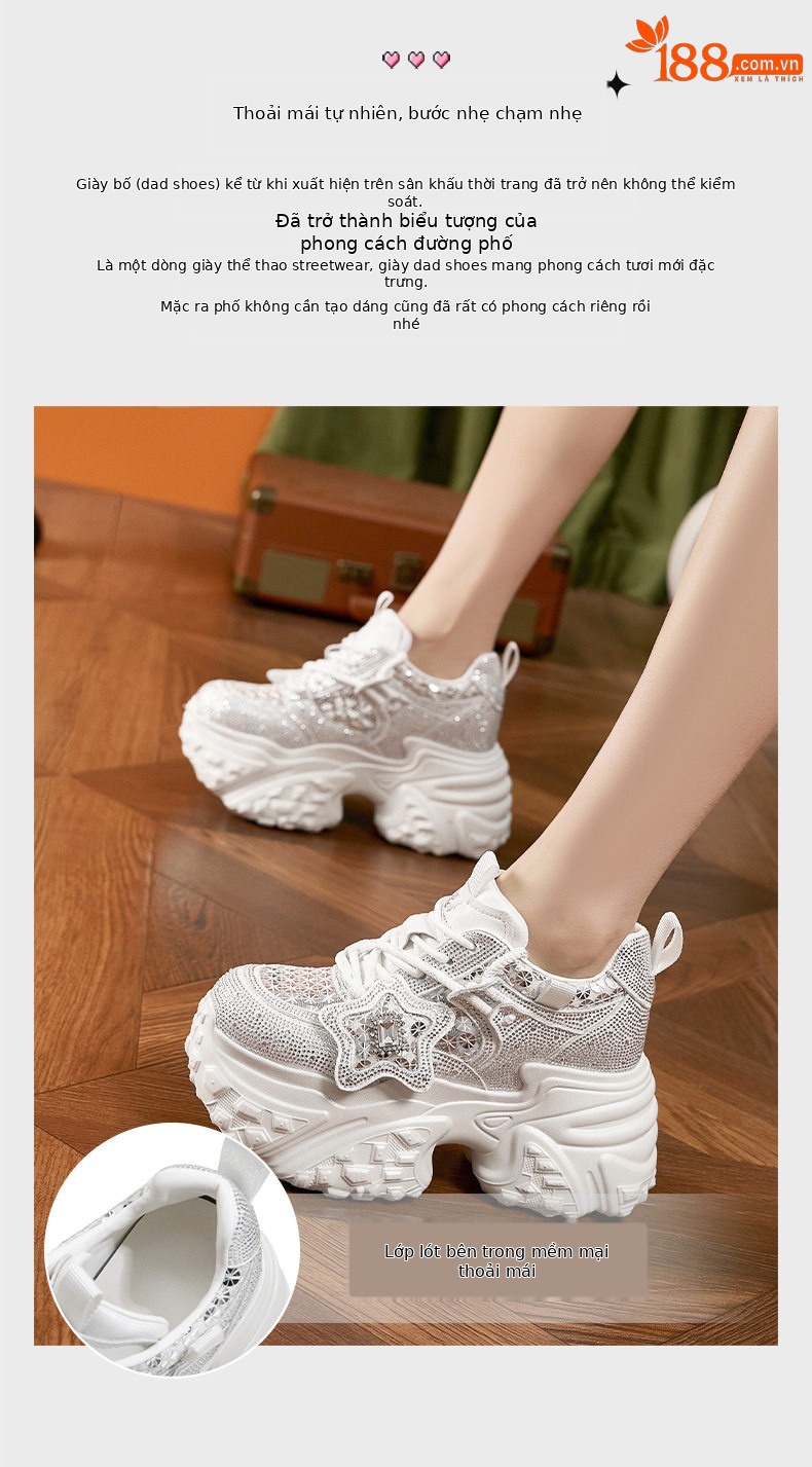 Giày sneaker nữ đế dày tăng chiều cao lưới thoáng khí dây buộc — Trắng, Bạc chi tiết 5